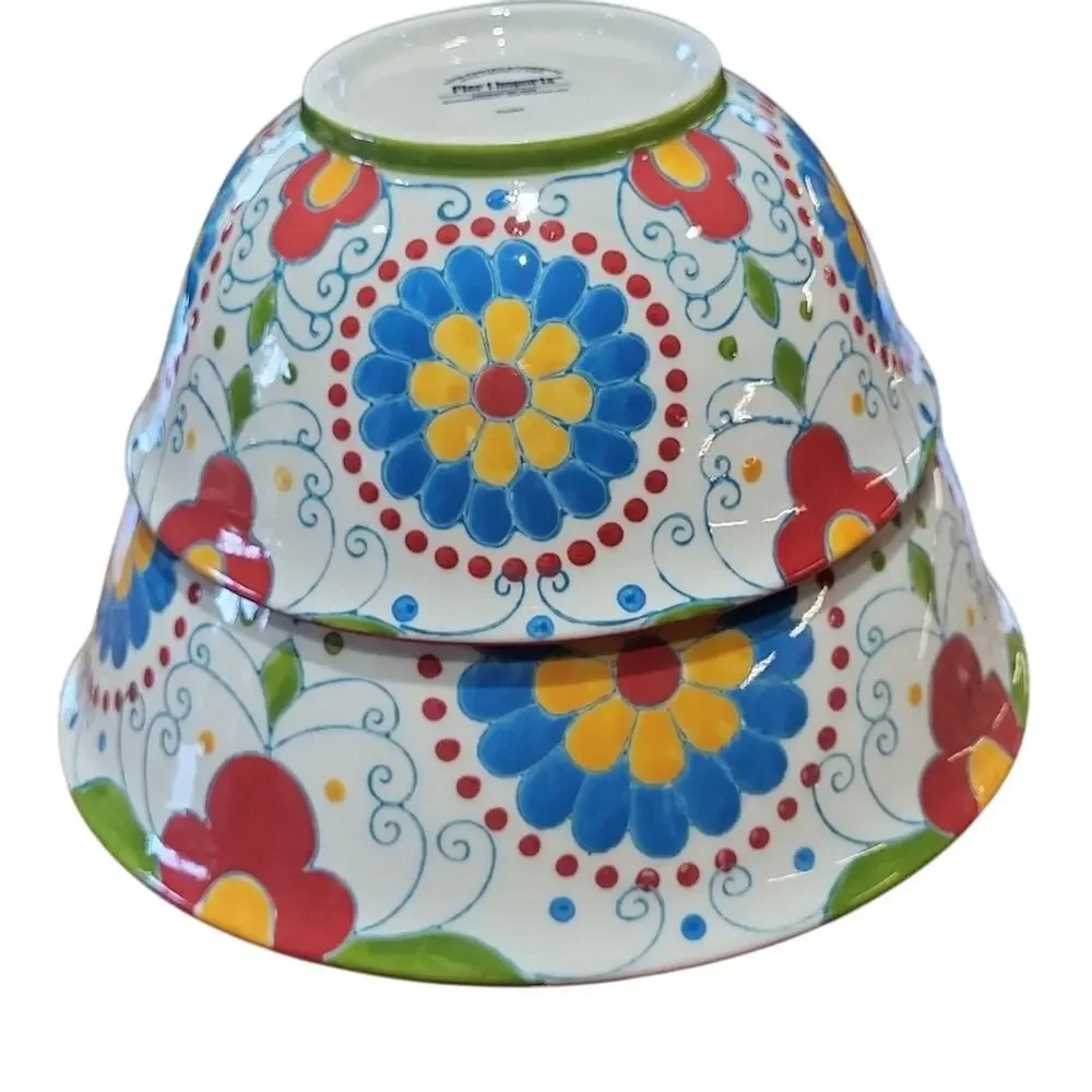 Pier 1 Floral Ceramic Bowls with Red and Blue Accents (Set Of 2)